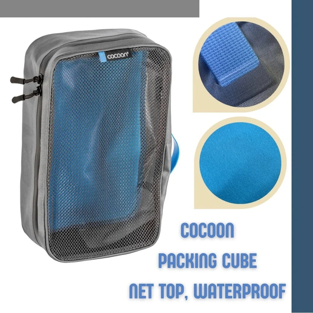 NWT Cocoon Packing Cube with Open Net Top TPU laminated Oxford Nylon Gray Blue M